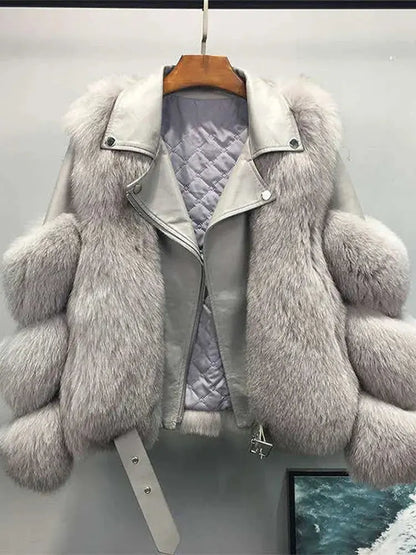 Faux Fur Jacket Patchwork Long Sleeve Pu Leather Fluffy - Loran