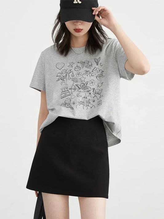 CHIC VEN Korean Women T-Shirts Loose New Korean O Neck Short Sleeve Printed Girl Tees Slim Female Top Summer 2025 Loran
