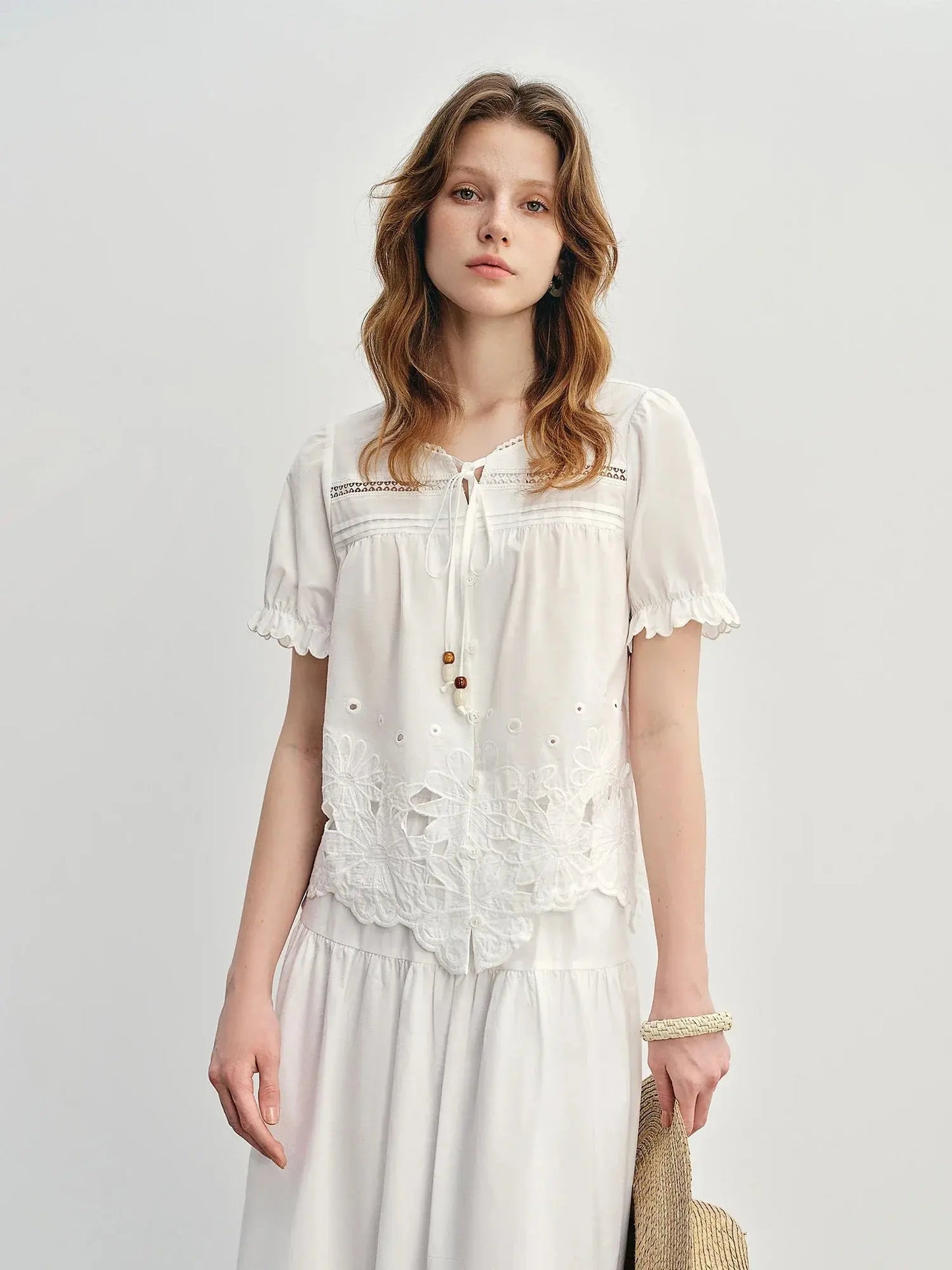 Plus-Size Elegant Cut-Out Embroidery Skirt and Blouse Set - Loran