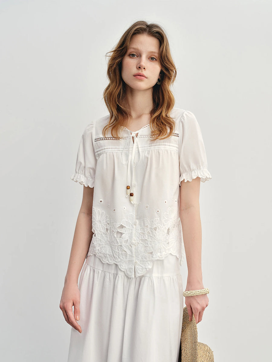 Plus-Size Elegant Cut-Out Embroidery Skirt and Blouse Set