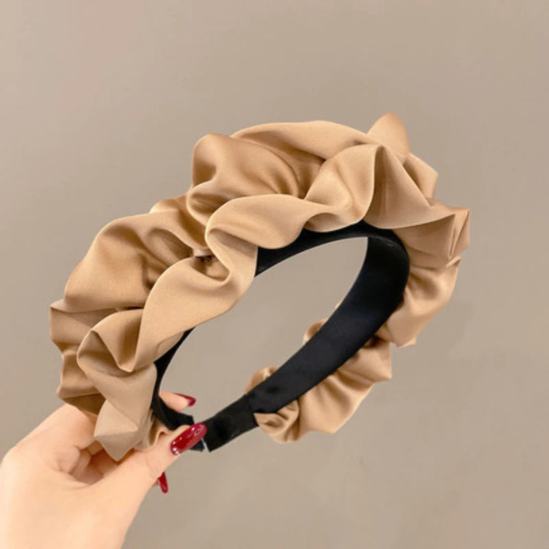 Elegant Solid Color Pleated Wide Headband for Women