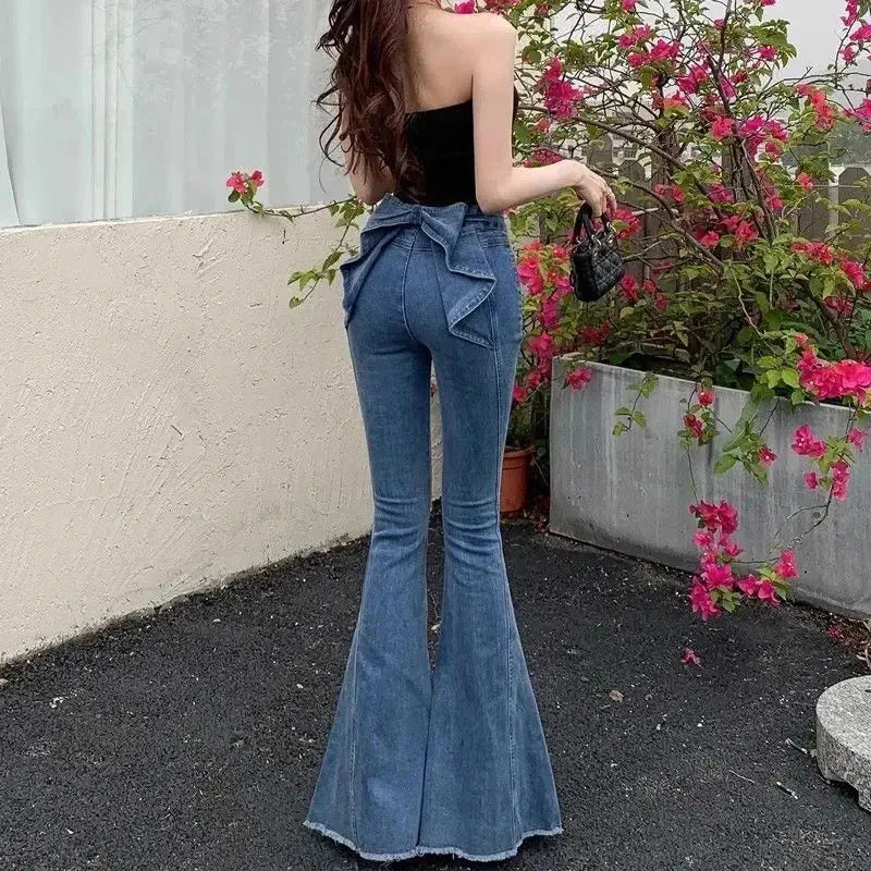 High-Waist Denim Flares with Bow Detail - Loran
