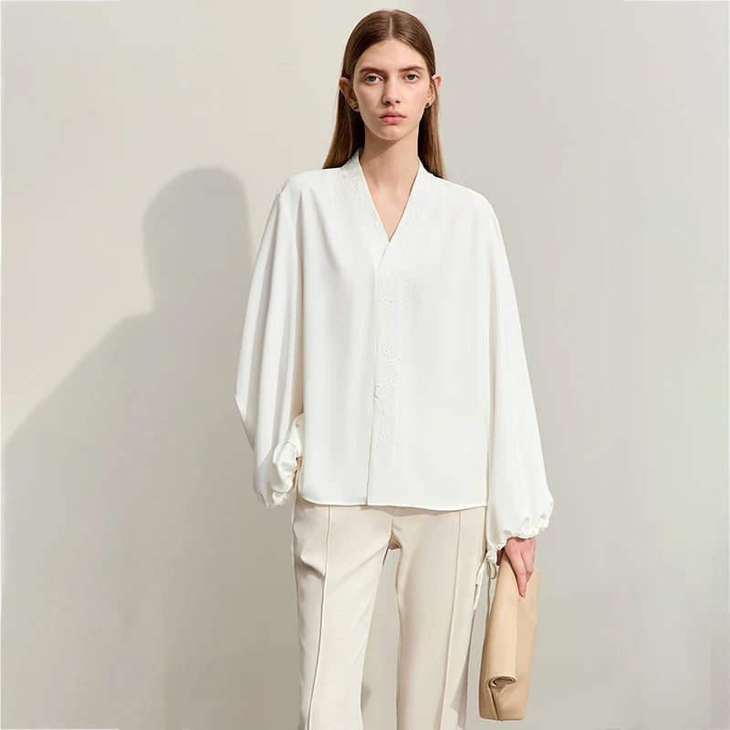 Amii Chiffon Women's Blouse 2025 Autumn New V-neck Letter Embroidered Top Elegant Lantern Sleeve Loose Women's Shirt 12421028 Loran