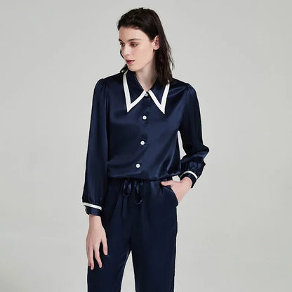 Contrast Silk Pajama Set Long-Sleeve Women's Sleepwear Loran