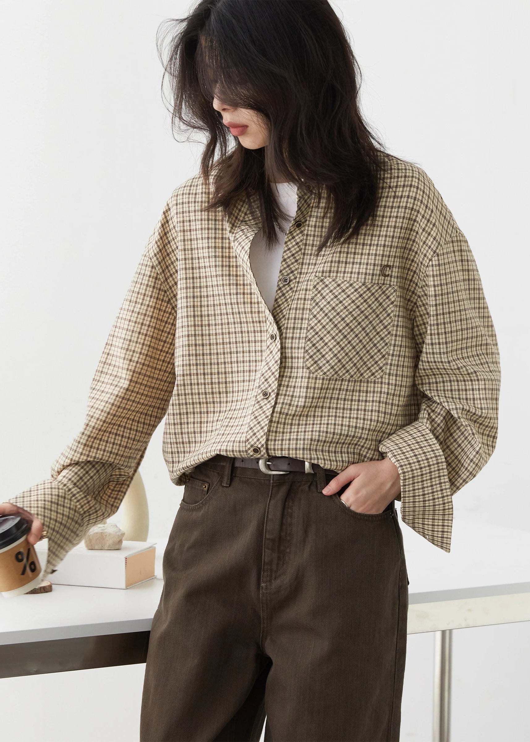 Retro Plaid Embroidered Shirt Loose Casual Autumn Blouse Loran