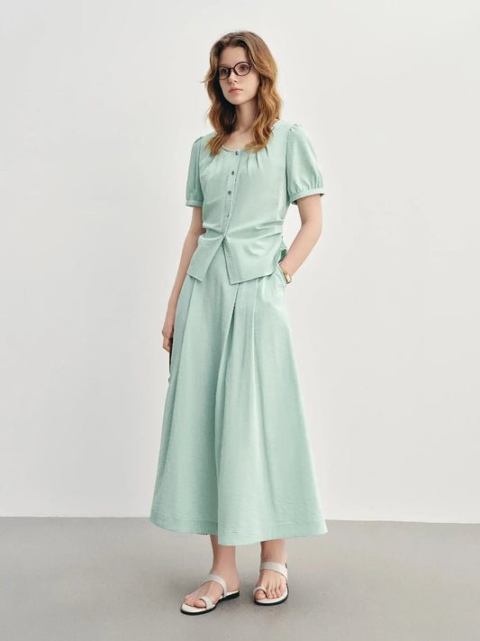 Pleated Short-Sleeve Shirt + Slim Skirt for Summer. - Loran