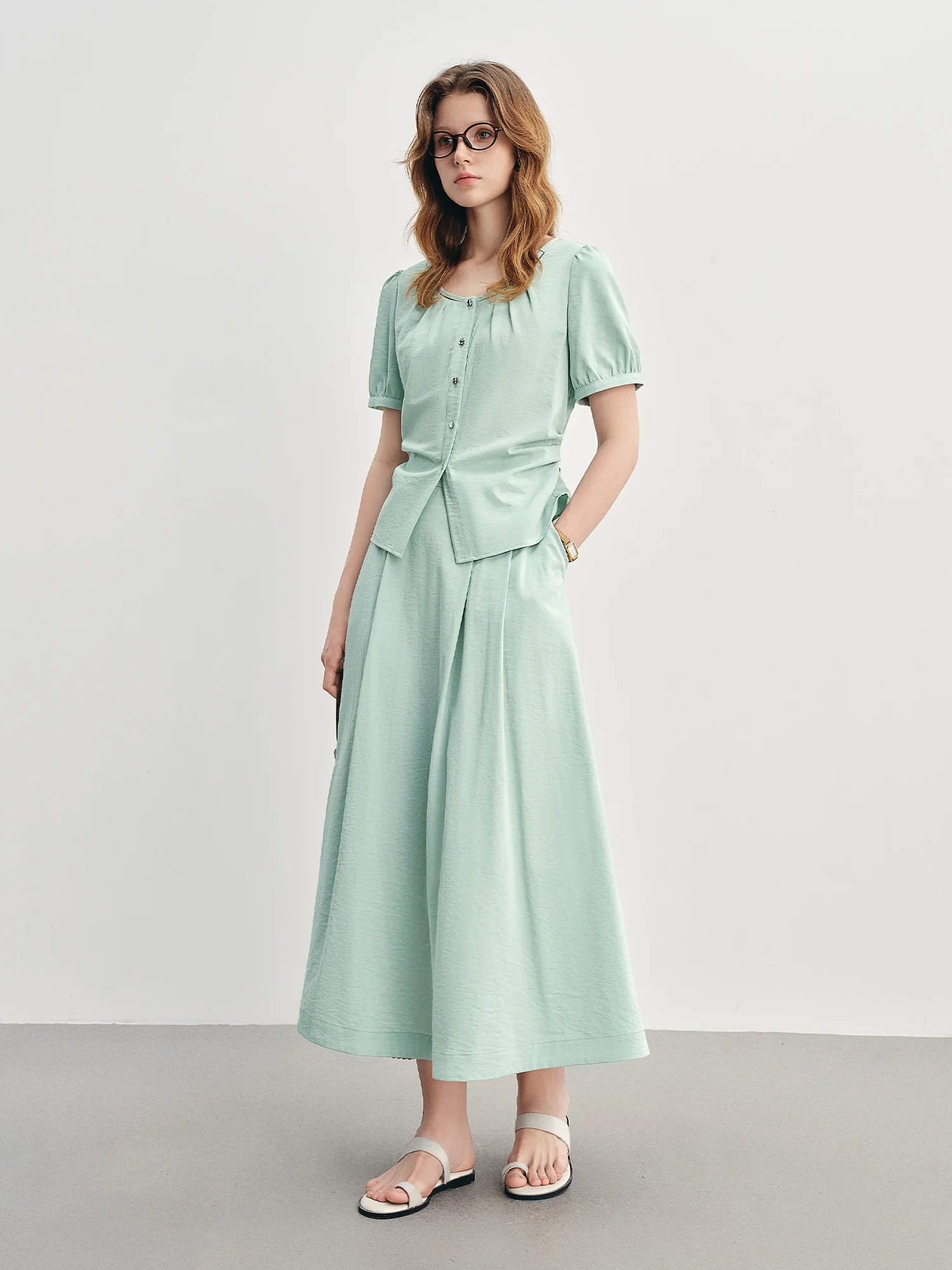 Summer Commuter Suit Pleated Shirt & Slim Skirt Set Loran