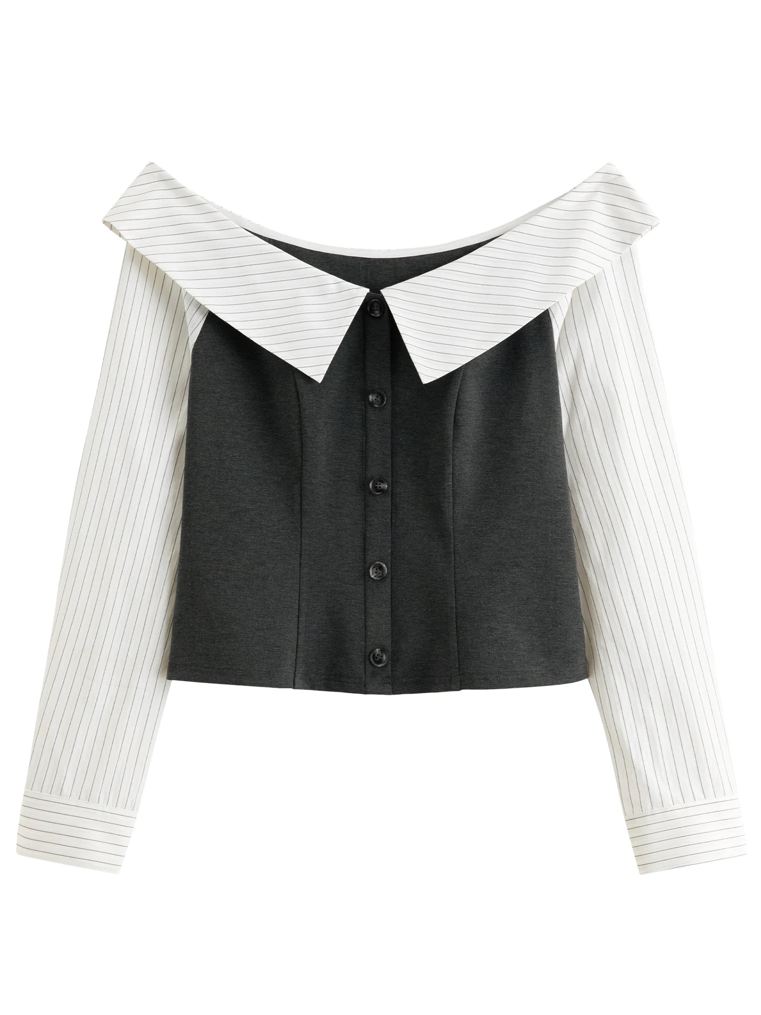 DUSHU 2026 Spring Women's Off-Shoulder Contrast Panel T-Shirt Waist-Defining Seam Ruffle Trim - Fashion Cropped Top for Casual Loran