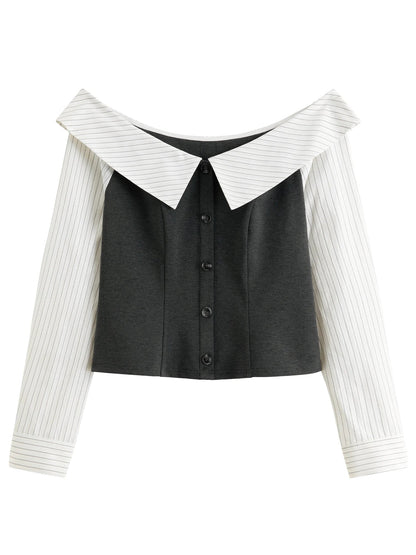 DUSHU 2026 Spring Women's Off-Shoulder Contrast Panel T-Shirt Waist-Defining Seam Ruffle Trim - Fashion Cropped Top for Casual Loran