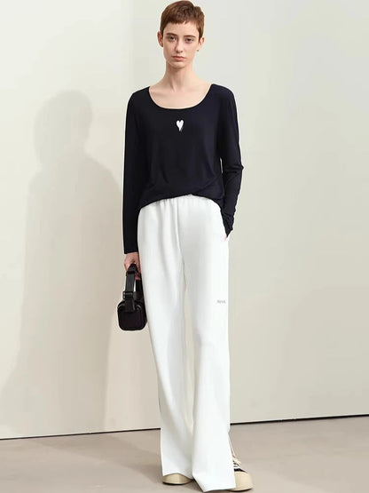 U-Neck Contrast Print Tee Long Sleeve Cotton Basic Loran
