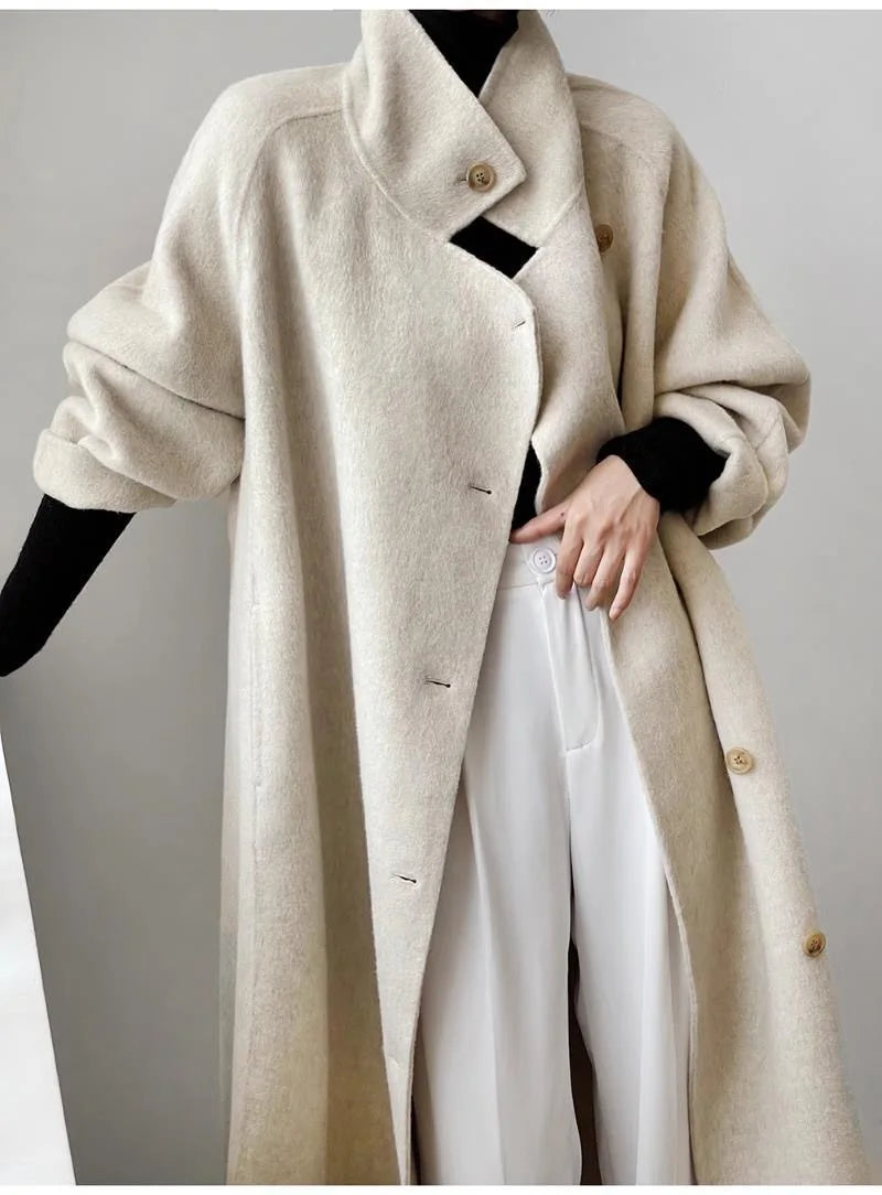 Chic Gray Standing Collar Double-Sided Wool Coat