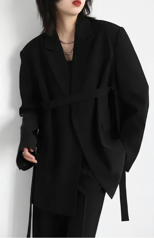 Wide Shoulder Ribbon Blazer Long Autumn Overcoat Loran