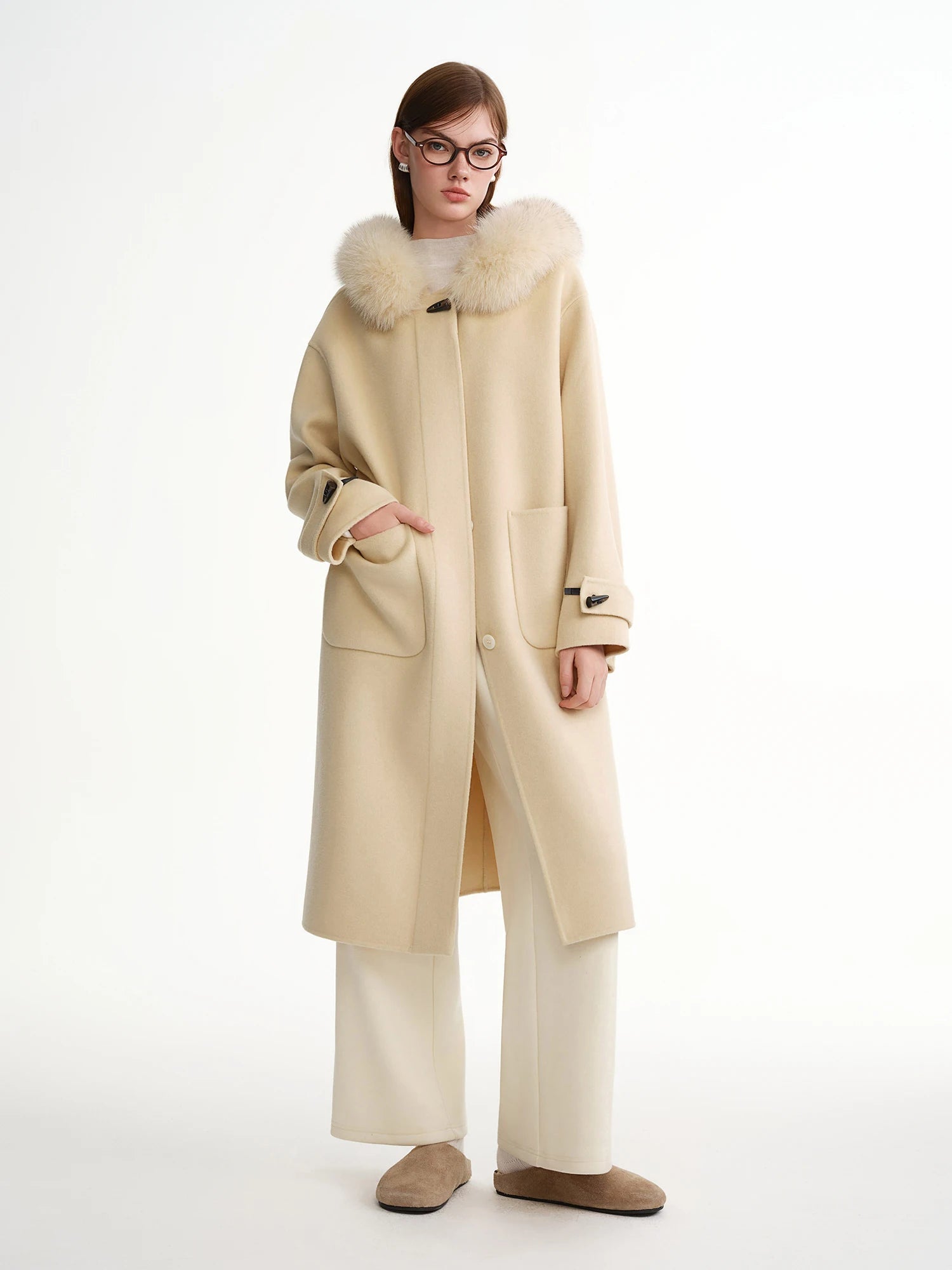Plus Size Fox Fur Collar Wool Overcoat Luxury Winter Coat Loran
