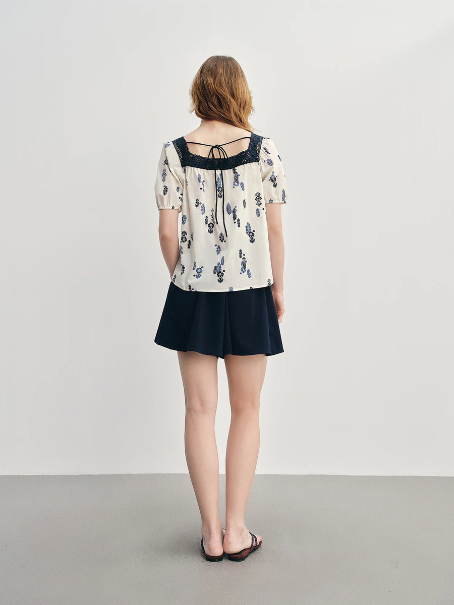 Plus Size Square Neck French Lace Short Sleeve Blouse