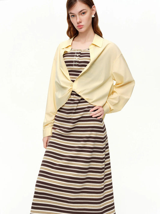 DUSHU【Sandwich Cookie】Knitted Vest Dress Sets Women Solid Shirts Long Sleeve 2026 Spring New Style Fresh and Stylish Set Loran