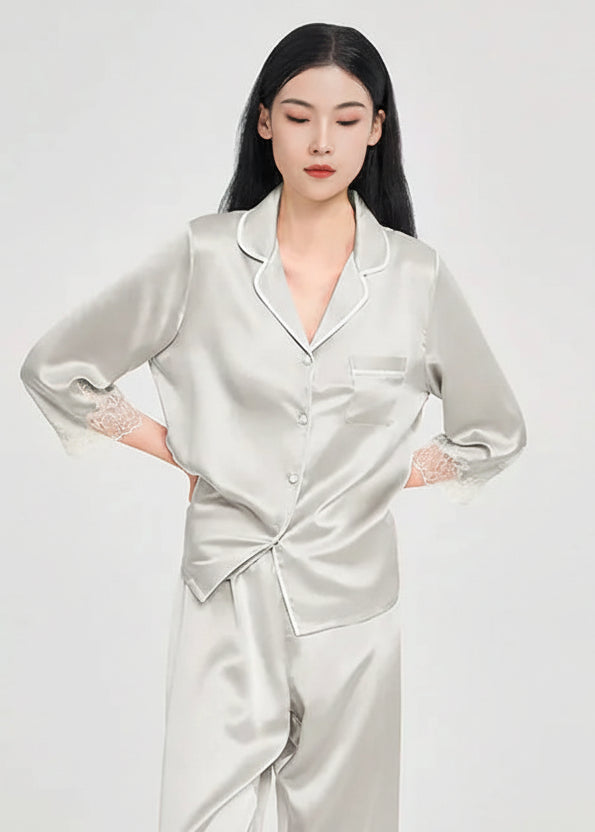 Mulberry Silk Pajama Set with Lace Trim 3-Piece Loungewear Loran