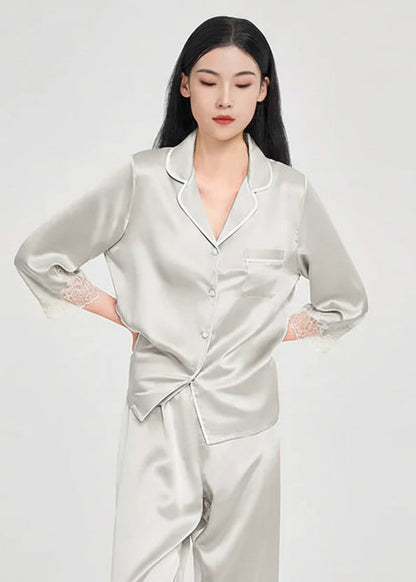Mulberry Silk Pajama Set with Lace Trim 3-Piece Loungewear Loran