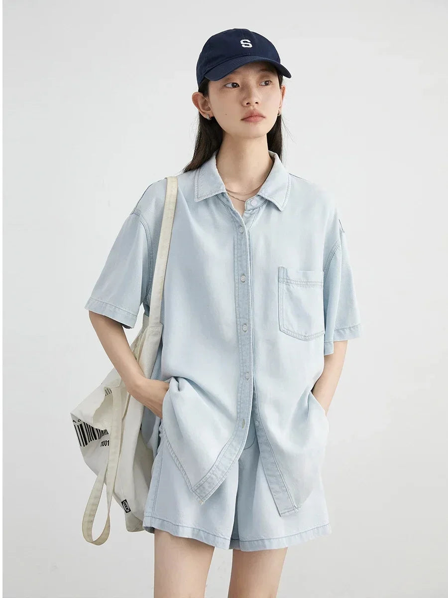 Blue Denim Set: Loose Shirt & Elastic Waist Shorts/Skirt Loran