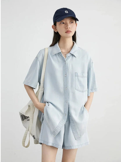 Blue Denim Set: Loose Shirt & Elastic Waist Shorts/Skirt Loran