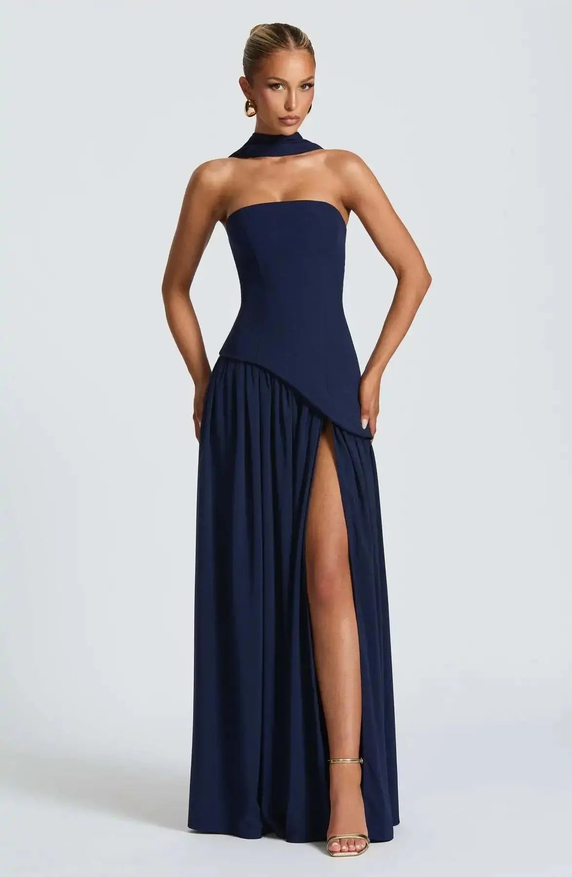 Sleek Solid Tube Top Maxi Dress with High Slit - Loran