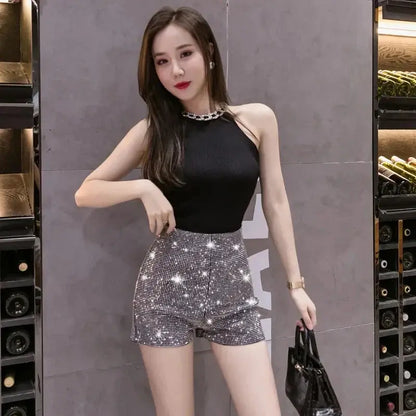 Sparkly Black High-Waist Diamond Shorts - Loran