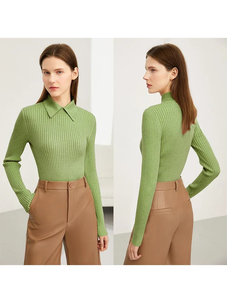 Amii Minimalism 2024 Sweater for Women Autumn New Office Lady Basic Lapel Striped Slim Knitted Tops Solid Trendy Blouse 12444058 Loran
