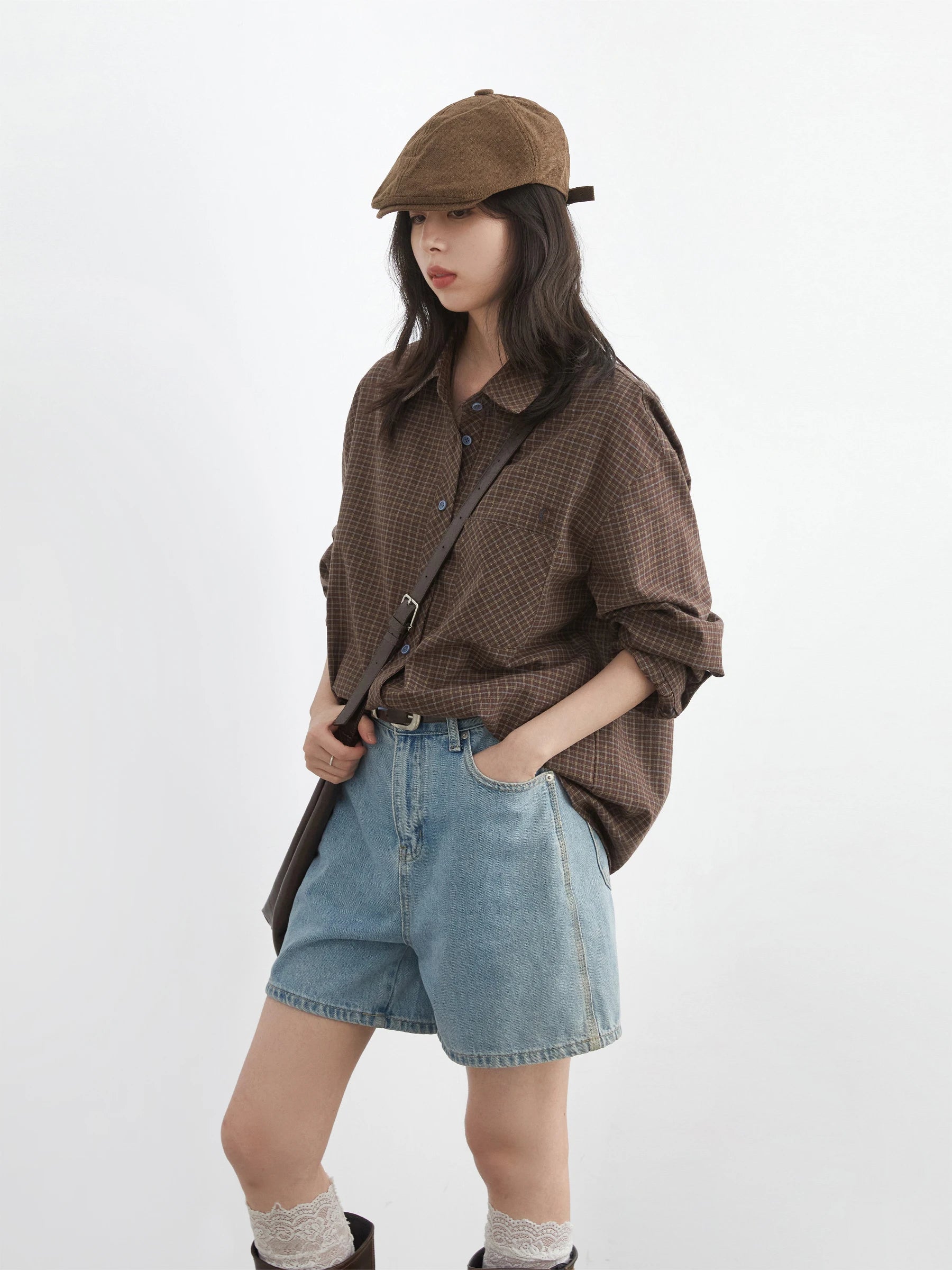 Retro Plaid Embroidered Shirt Loose Casual Autumn Blouse Loran