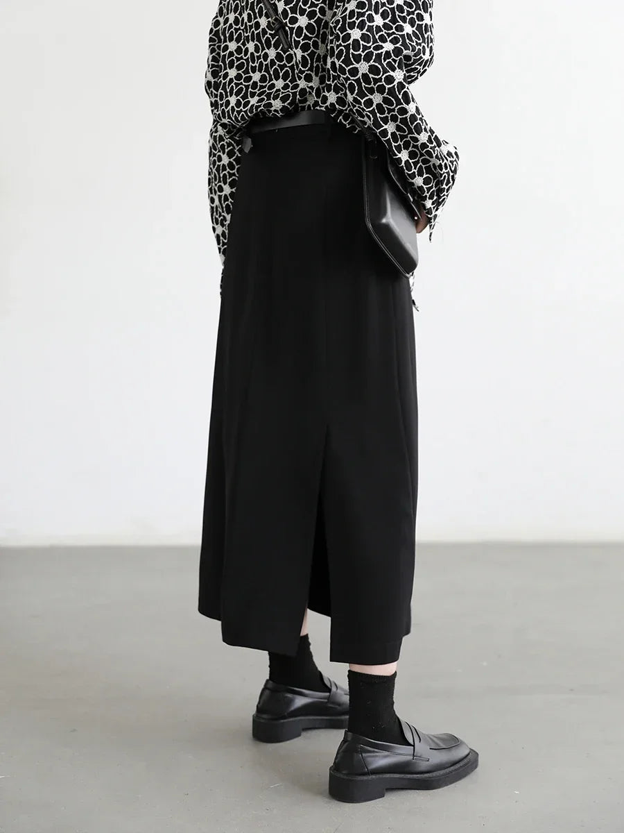 Black High-Waist Pleated Midi Skirt with Slit