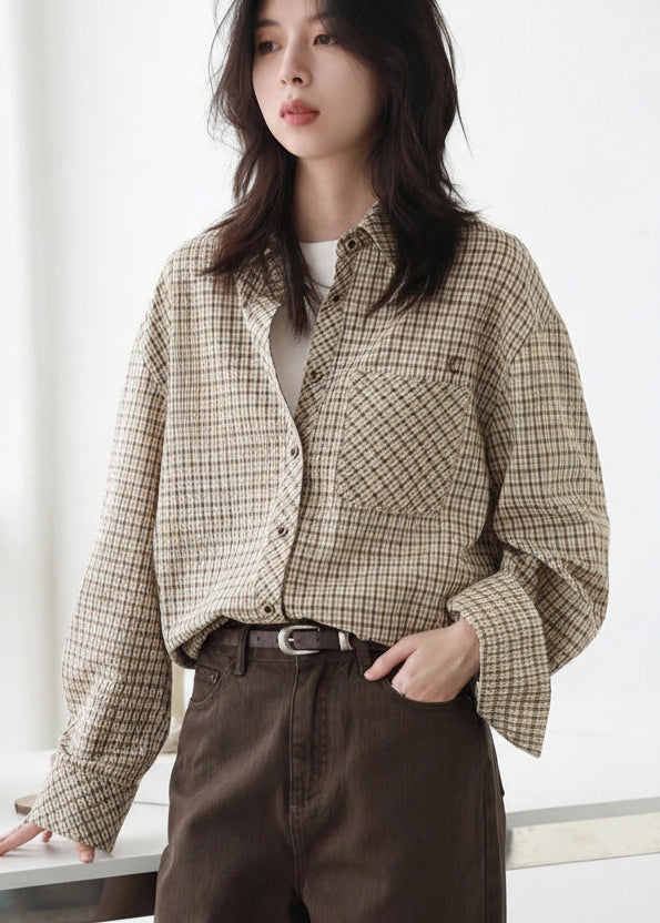 Retro Plaid Embroidered Shirt Loose Casual Autumn Blouse Loran