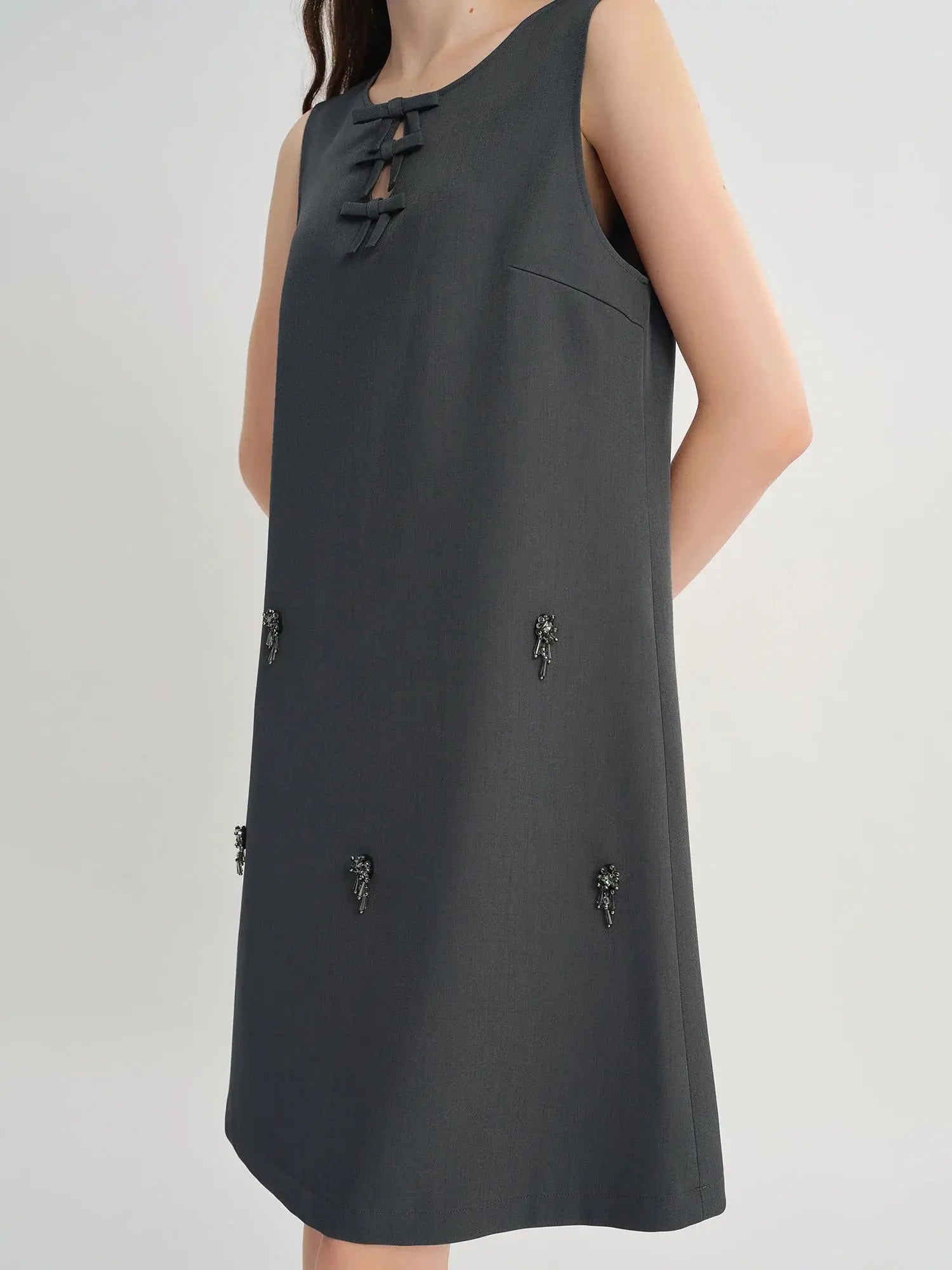 Embellished Beaded Tank Dress with Bow Accent for Fall - Loran