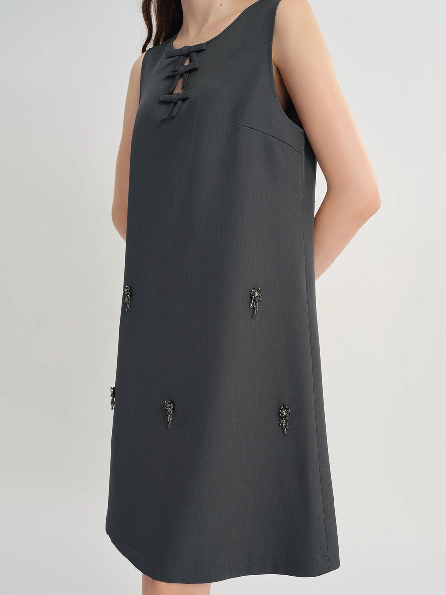 Embellished Beaded Tank Dress with Bow Accent for Fall