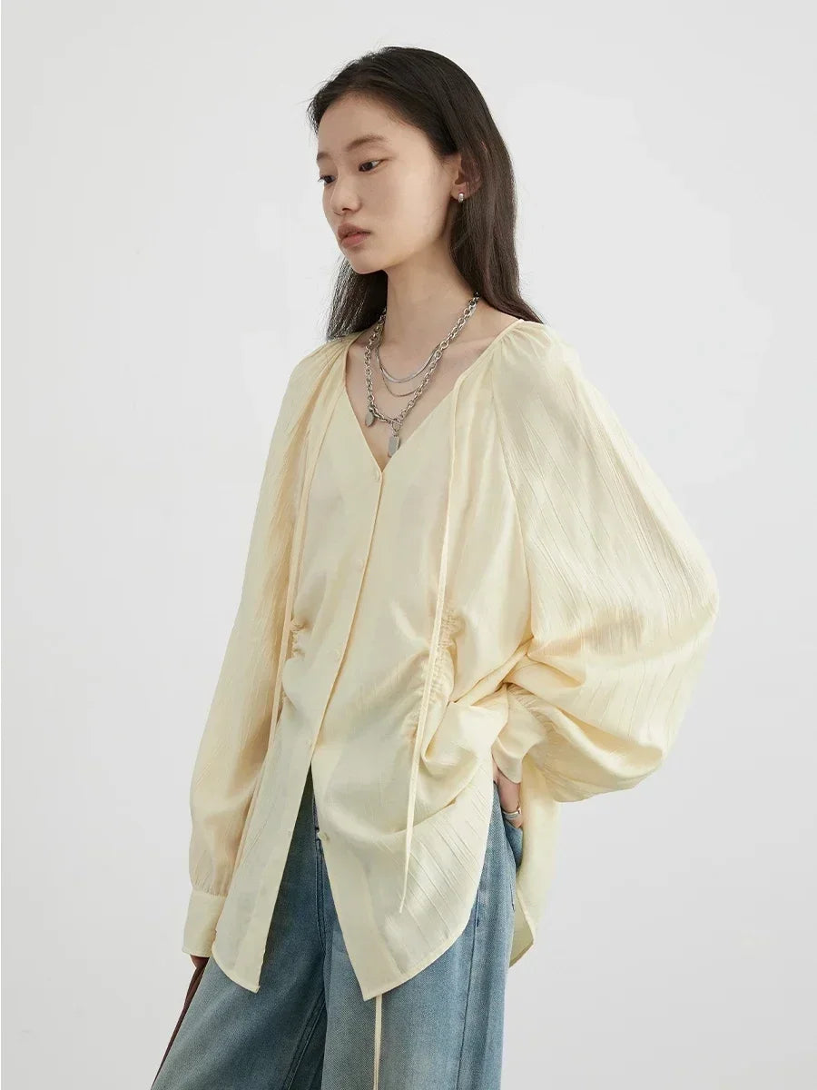 Women’s V-Neck Lace-Up Blouse Loose Pleated Spring Top Loran