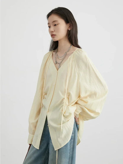 Women’s V-Neck Lace-Up Blouse Loose Pleated Spring Top Loran