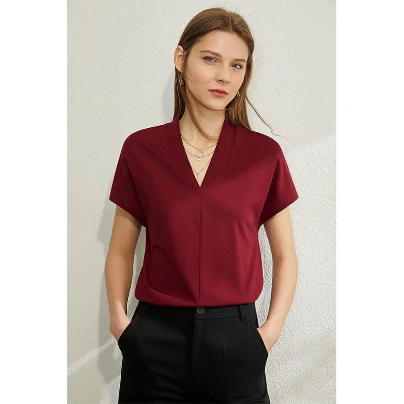 AMII Minimalism 2025 Summer Women's T-shirt Classic Style Casual V-neck Short Sleeve Solid Stretch Female Tops & Tees 12312013 Loran