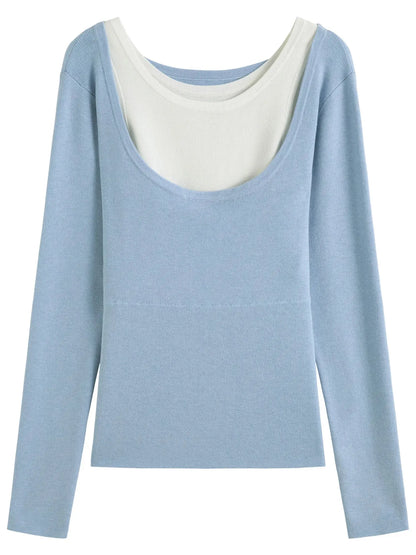 Chic Plus Size Contrasting Color Faux 2-Piece Sweater Top - Loran