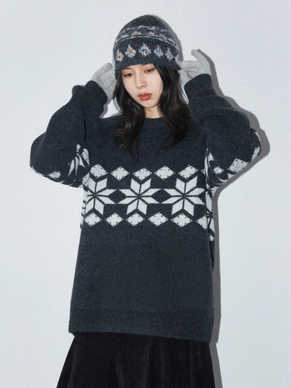 Snowflake Round Neck Knitted Pullover - Winter Jumper Loran
