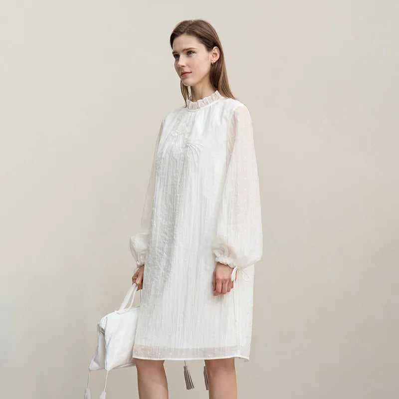 Spring Ruffled Embroidery Elegant Loose Fit Dress