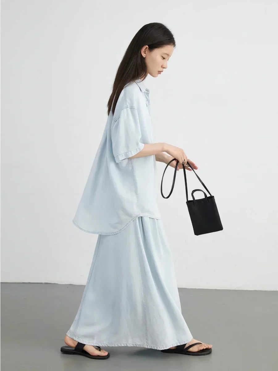 Blue Denim Set: Loose Shirt & Elastic Waist Shorts/Skirt Loran