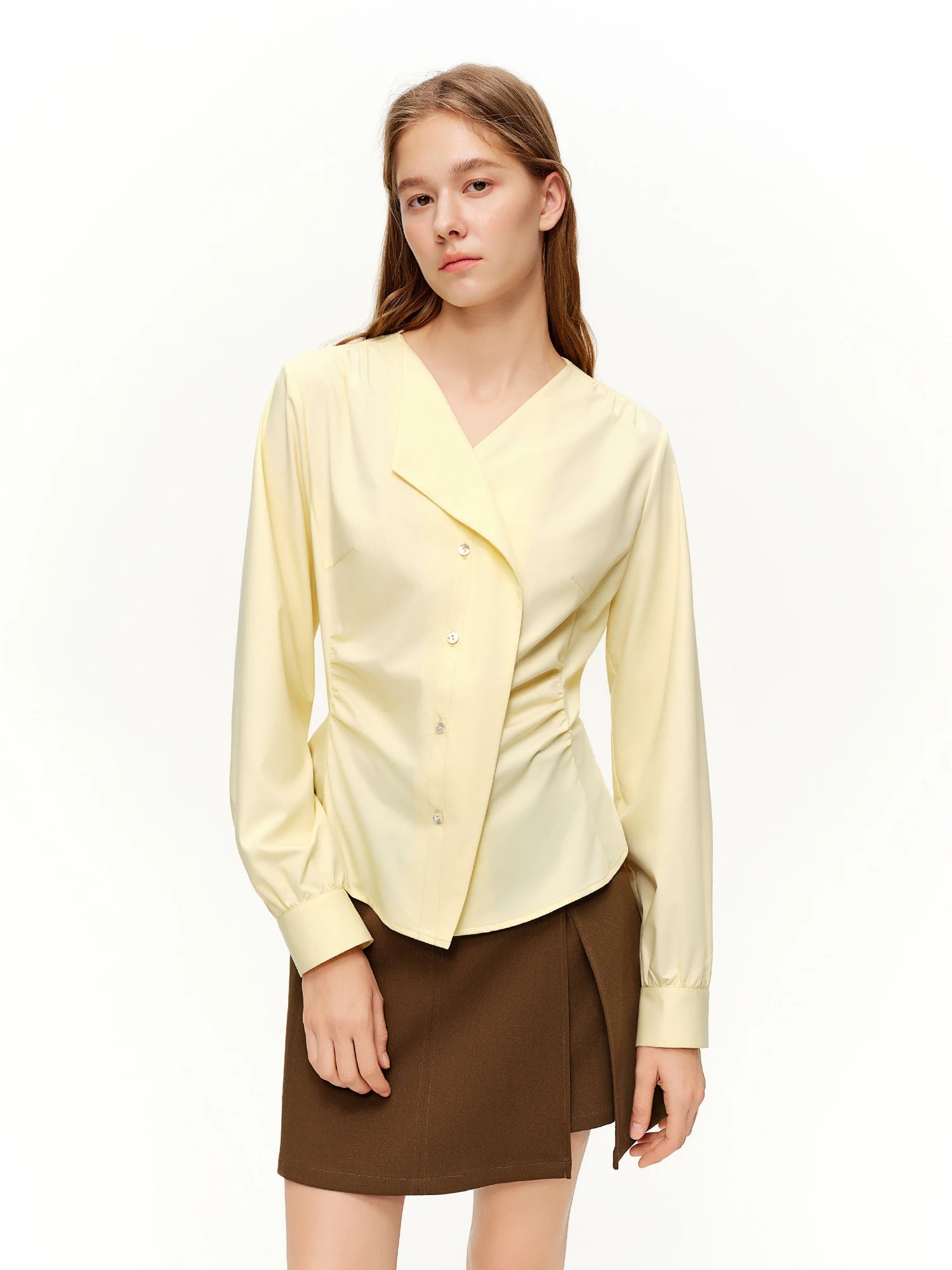 Women’s Asymmetrical V-Neck Blouse Slim Fit Office Top Loran