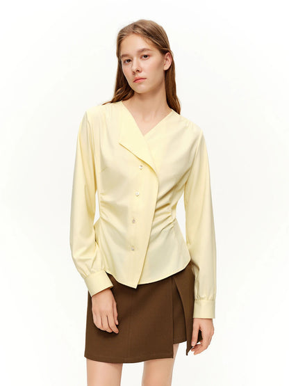 Women’s Asymmetrical V-Neck Blouse Slim Fit Office Top Loran