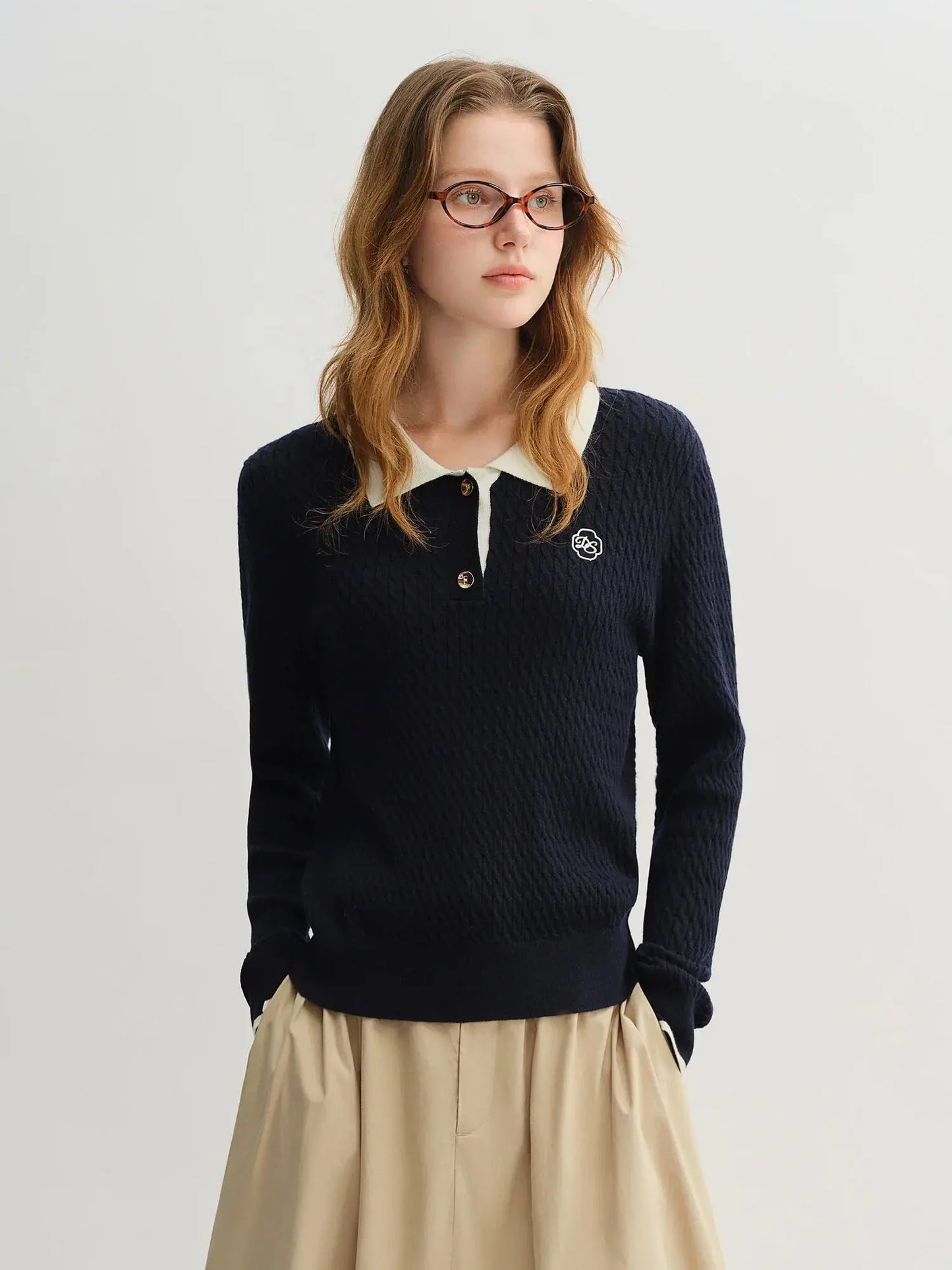 Relaxed Fit Textured Rib-Collar Knit Top - Loran