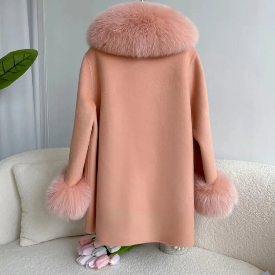 Luxury Wool Blend Cape with Detachable Fur Collar