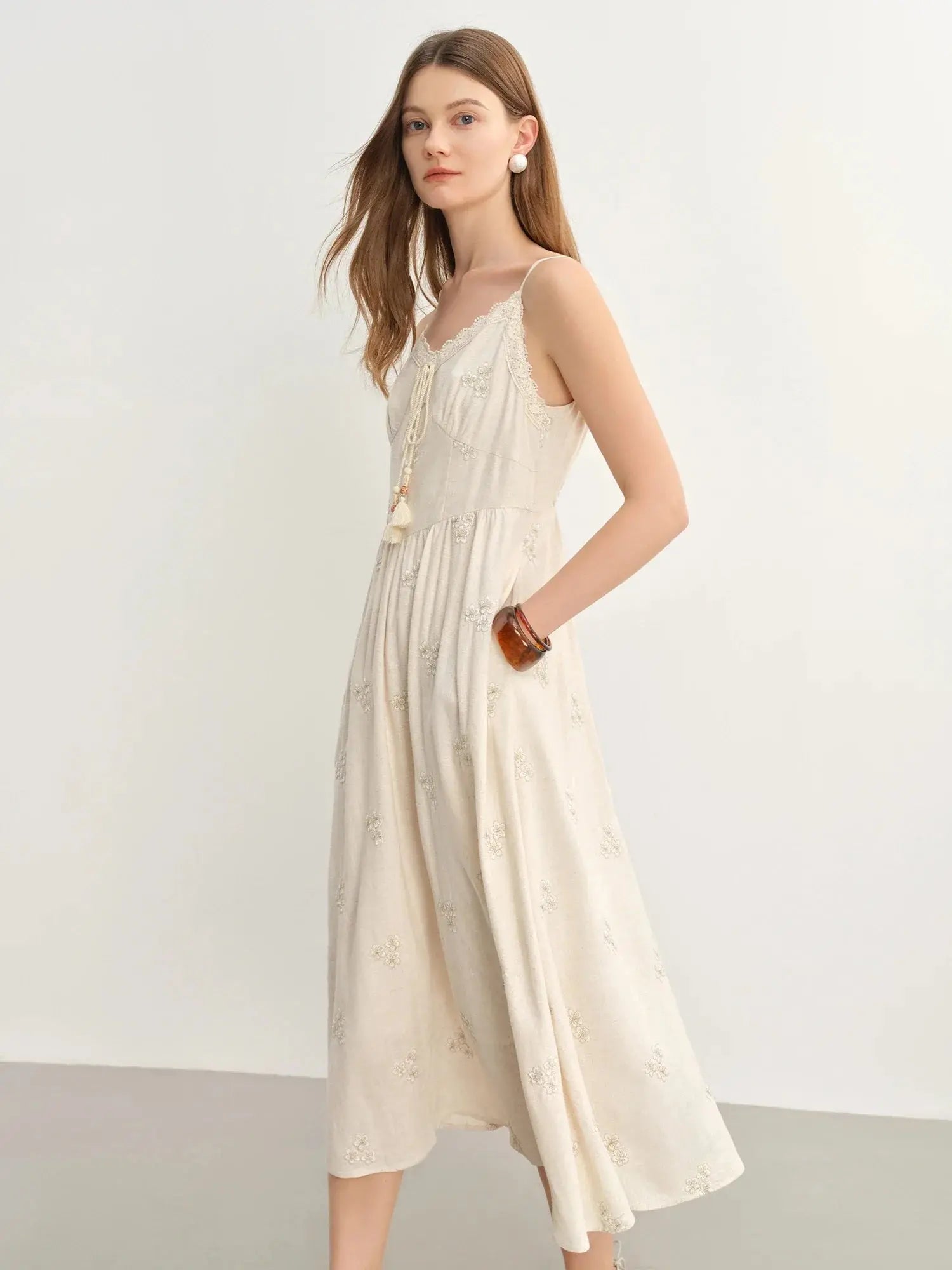 New Fashion Beige Temperament Long Dress with Lace-up Straps - Loran