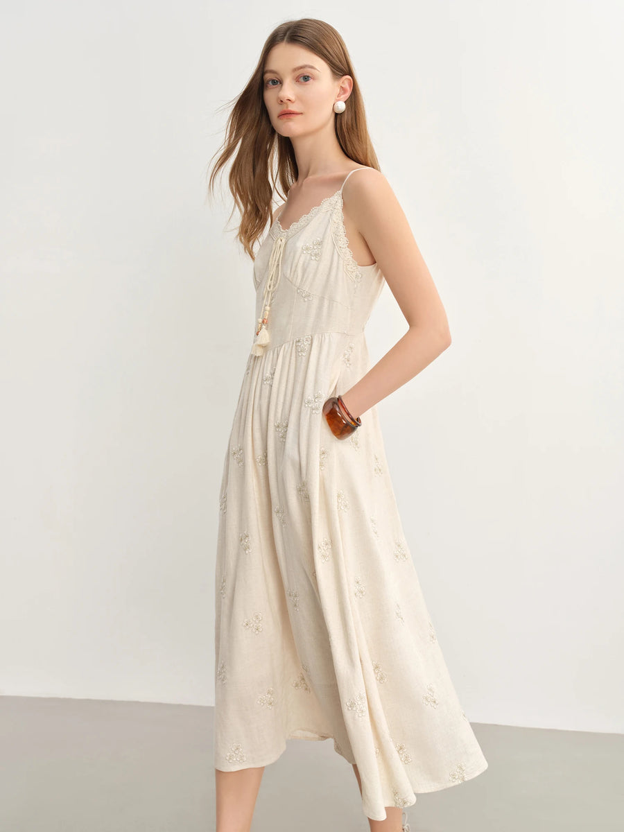 New Fashion Beige Temperament Long Dress with Lace-up Straps