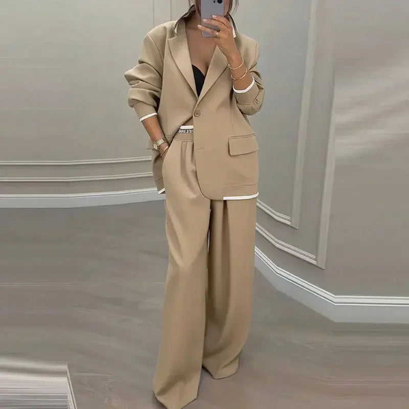 The Power Set: Solid Button Blazer and Straight-Leg Pant Suit - Loran