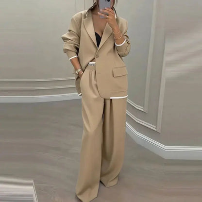 The Power Set: Solid Button Blazer and Straight-Leg Pant Suit - Loran