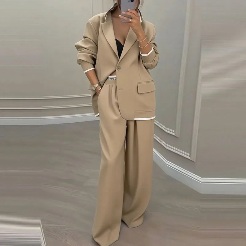 The Power Set: Solid Button Blazer and Straight-Leg Pant Suit