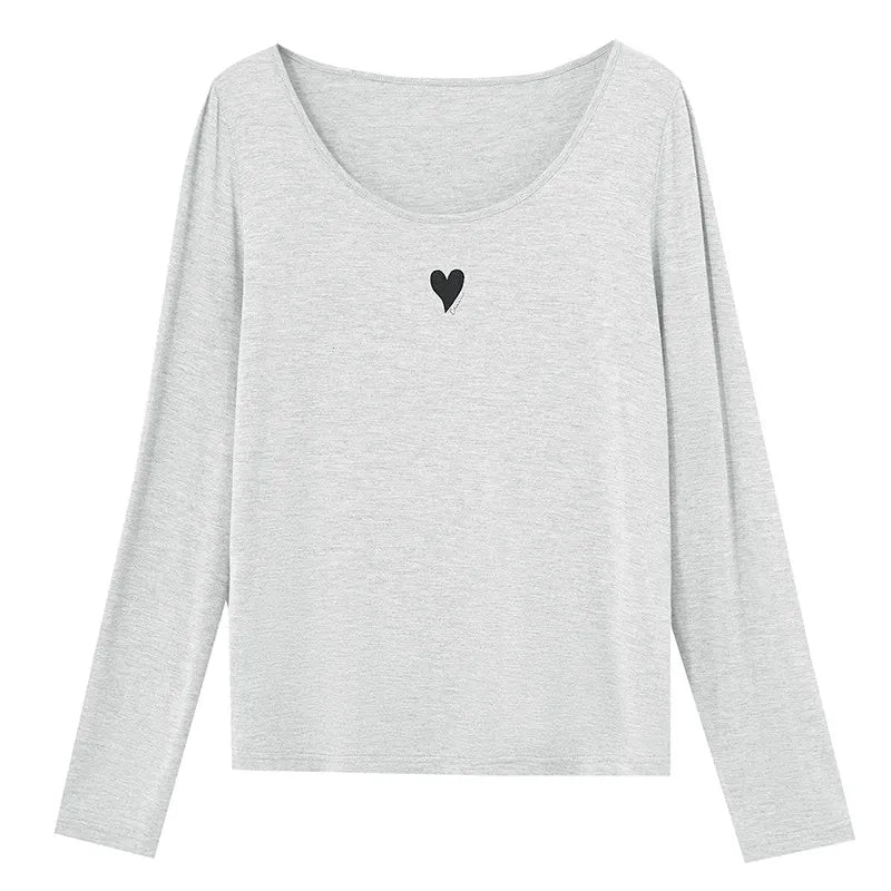 U-Neck Contrast Print Tee Long Sleeve Cotton Basic Loran
