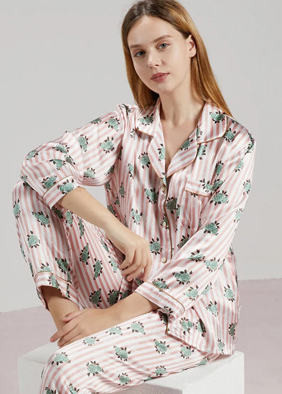19MM 100% Mulberry Silk Pajamas Women Silk Sleepwear Lady Long-sleeved TrousersTwo-piece Spring Summer  Loose Sexy Home Clothes Loran