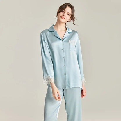 100% Real Silk Pajamas Set with Lace Trim Women's Sleepwear Loran